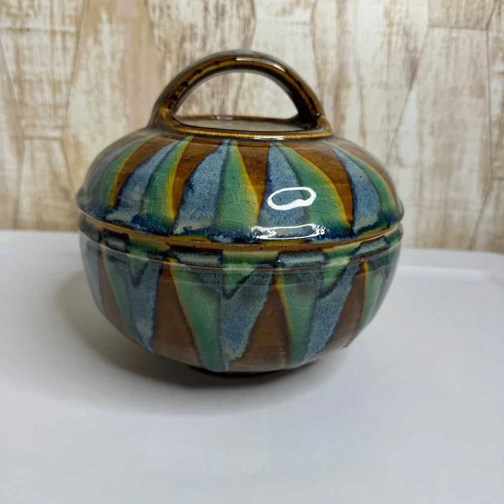 Rachel Studio Pottery Lidded Casserole Dish Brown Blue Green Glaze Handmade